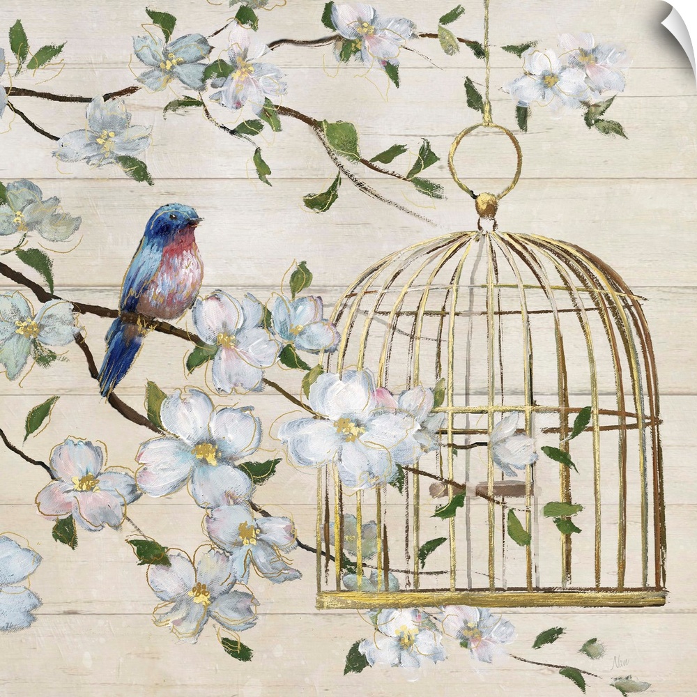 A painting of a birdcage hanging from a tree with a bird perched on a branch to the side, surrounded with white flowers on...