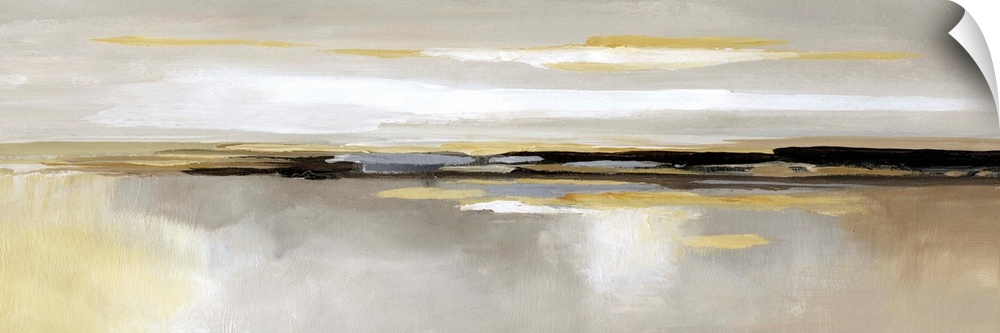 Panoramic abstract painting of various shades of yellow, gray and white that accentuates a centered black horizontal line.