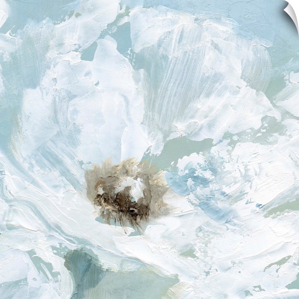 Contemporary painting of a close up view of a white poppy flower with a pale blue background.