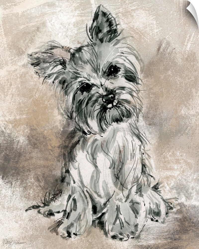 Watercolor painting of a cute yorkie in grey, black, and white tones on a mixed neutral colored background.