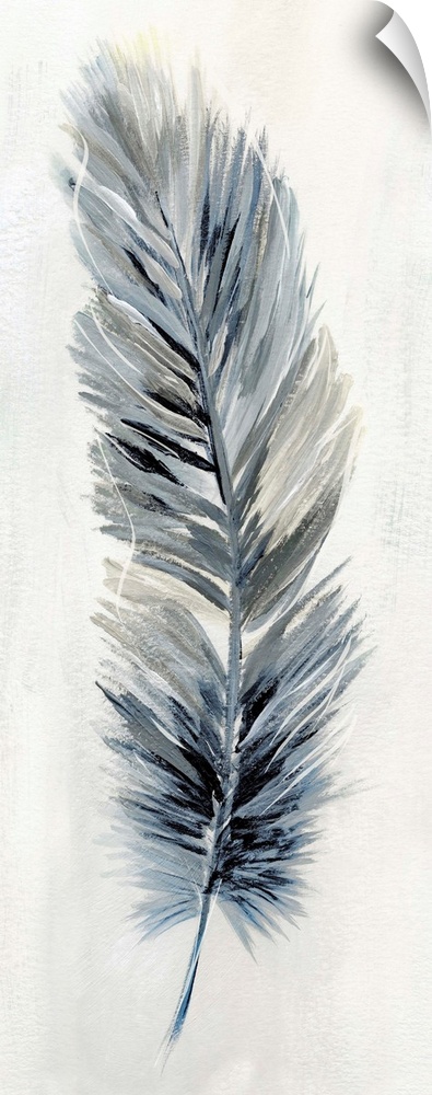 Panel painting of a feather made with shades of blue, white, and gray.