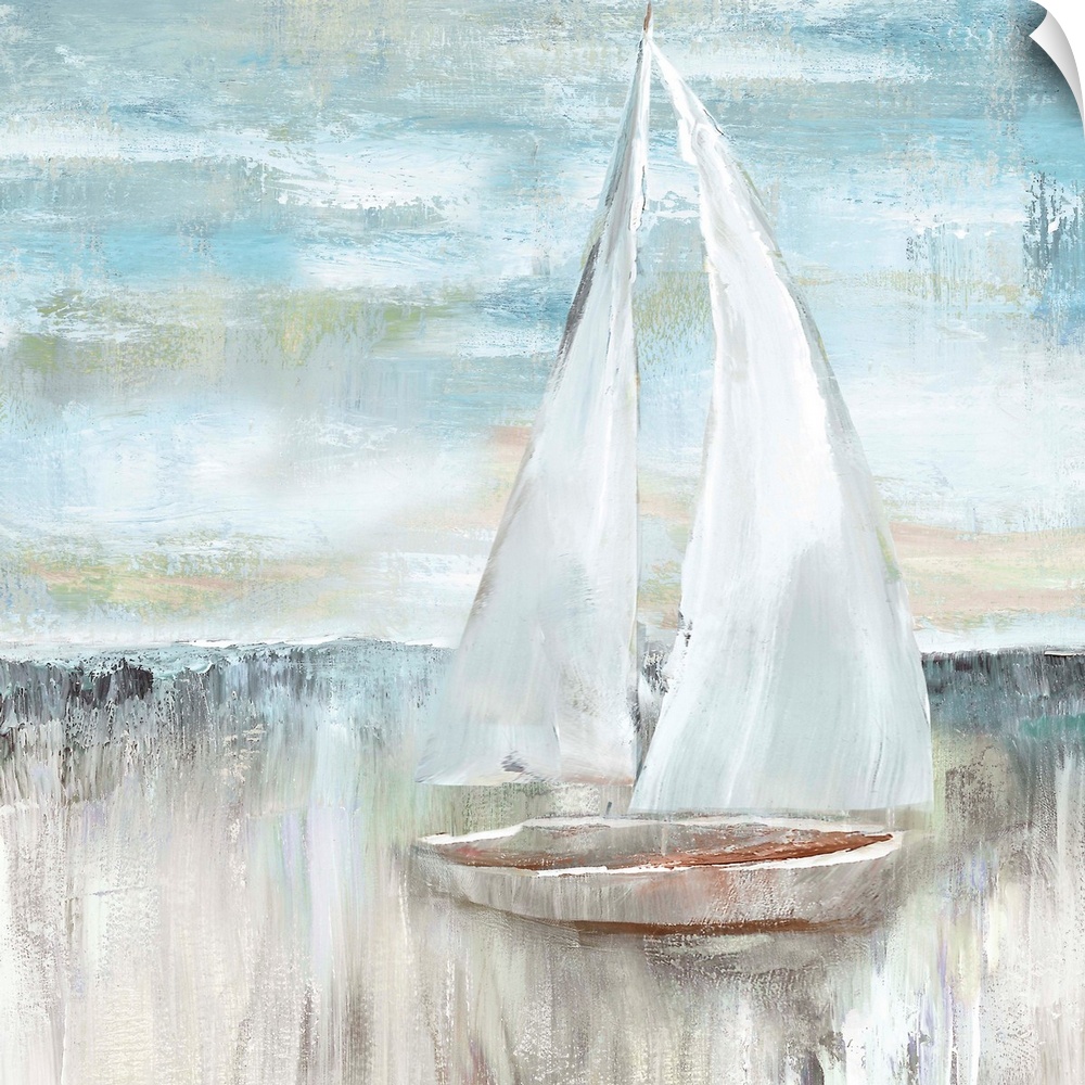Thick textured paint of blues, whites and grays create this poised sailboat on a sea.