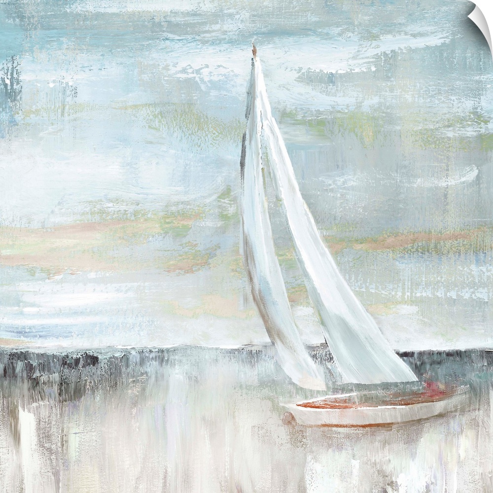 Thick textured paint of blues, whites and grays create this poised sailboat on a sea.