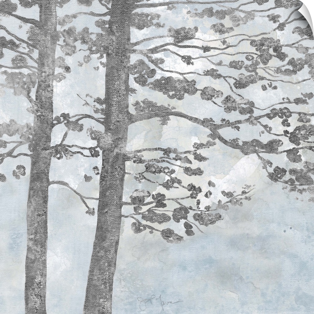 Contemporary square painting of silver silhouettes of trees with a light blue and white background.
