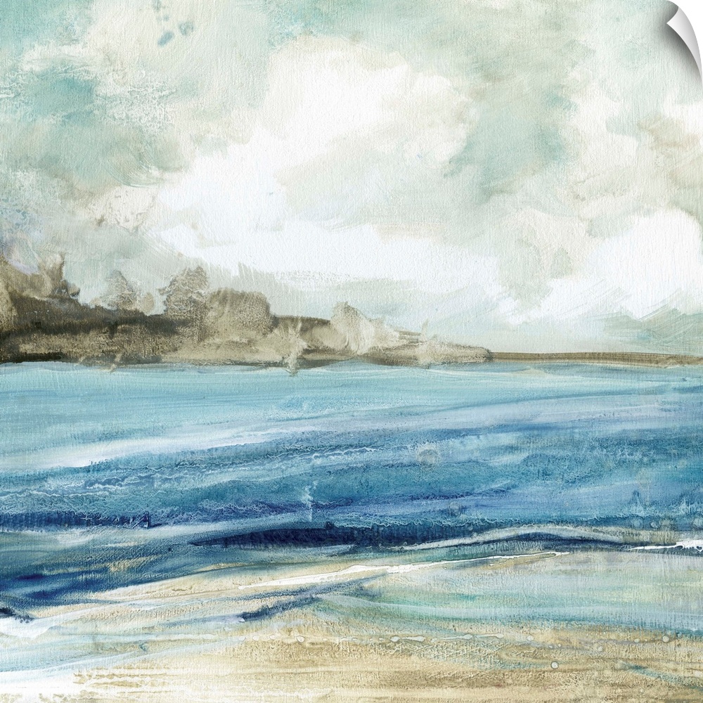 Abstract painting of the beach with layers of blue, gray, and white hues.