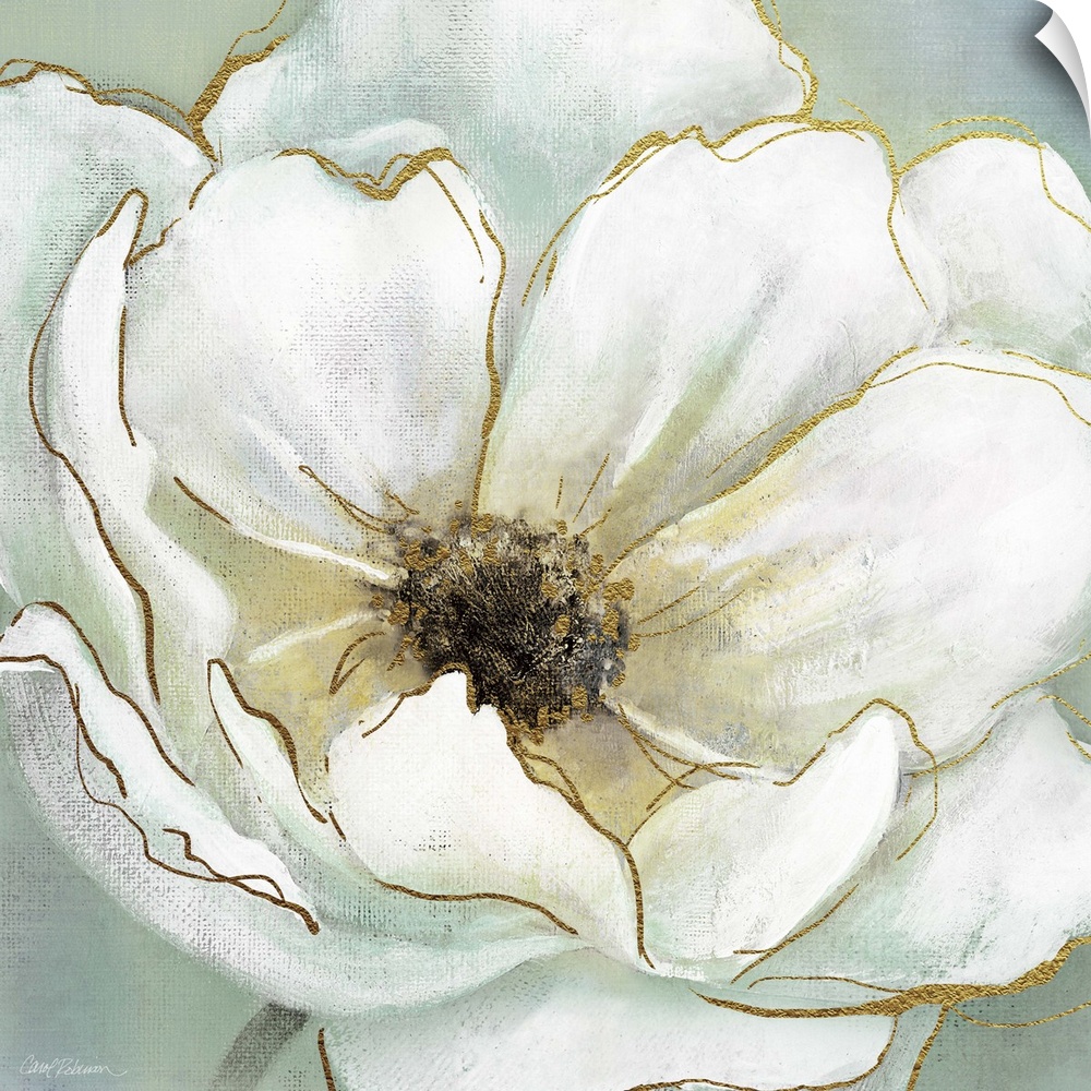 Contemporary square painting of a white flower with metallic gold highlights on a green-blue background.