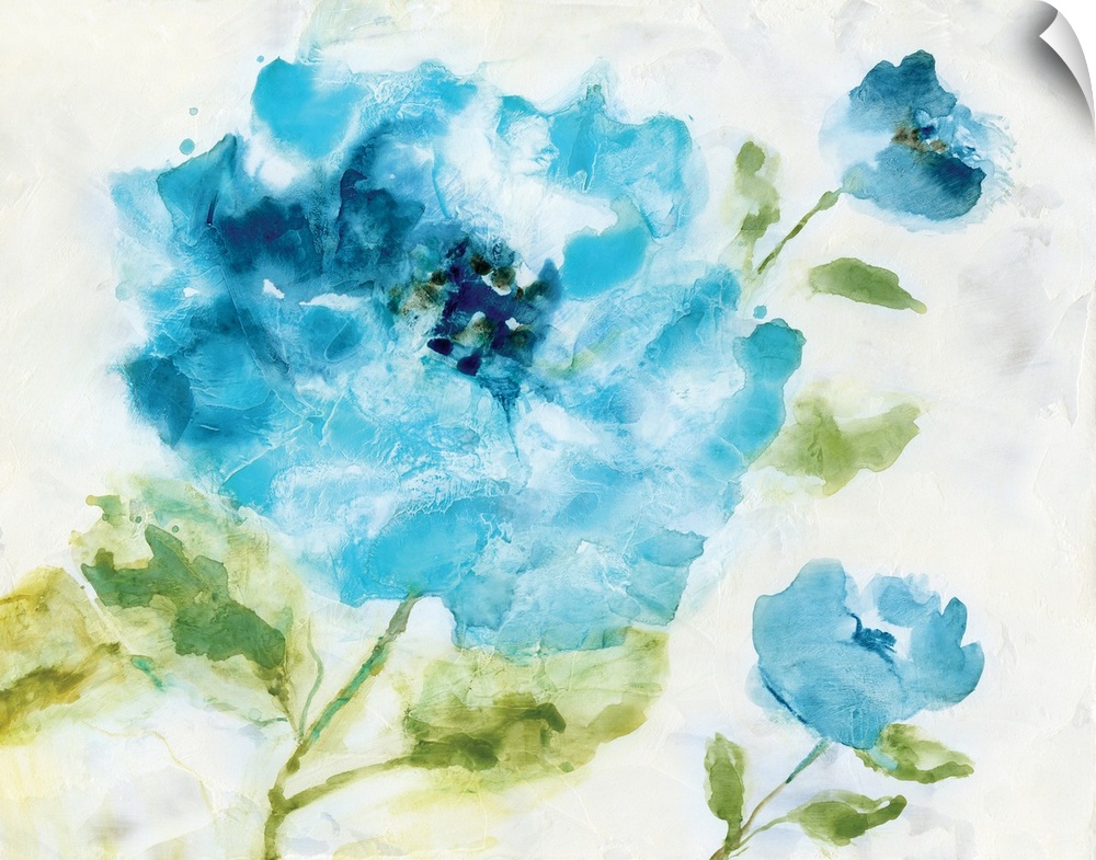Abstract painting of blue flowers on a white background.