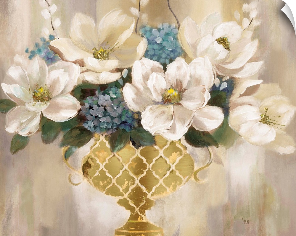 Contemporary painting of an urn full of white magnolias.