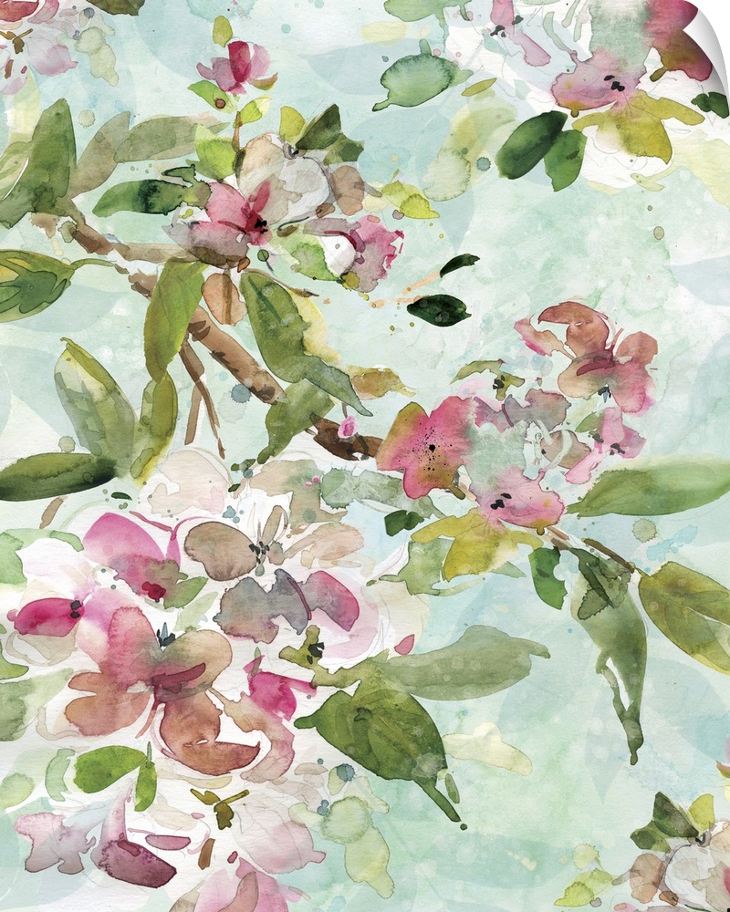 Watercolor painting of branches with pink flowers and bright green leaves on a light blue background.