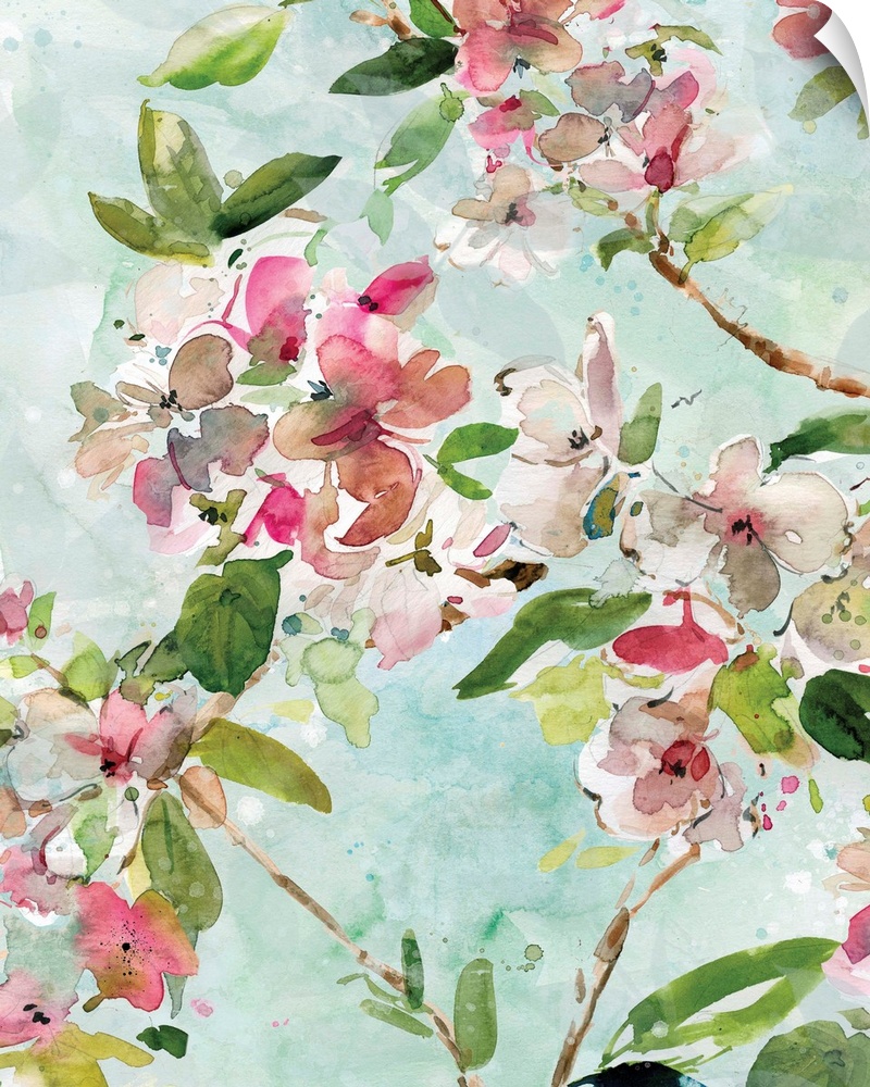 Watercolor painting of branches with pink and white flowers and bright green leaves on a light blue background.