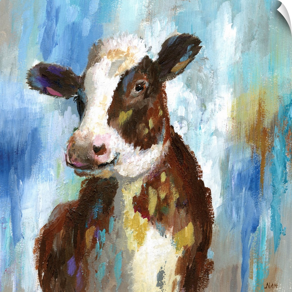 Contemporary portrait of a young black and white cow.