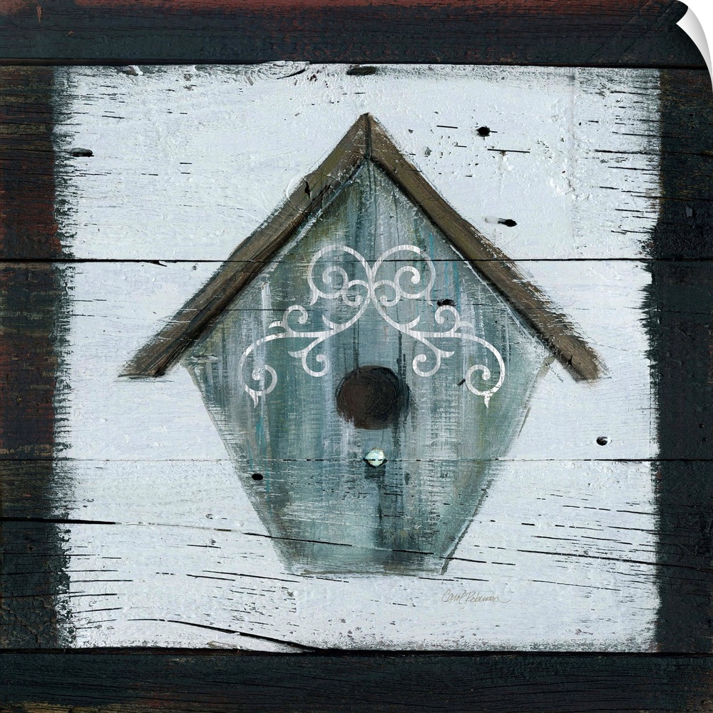 A wooden painting of a gray-blue bird house.