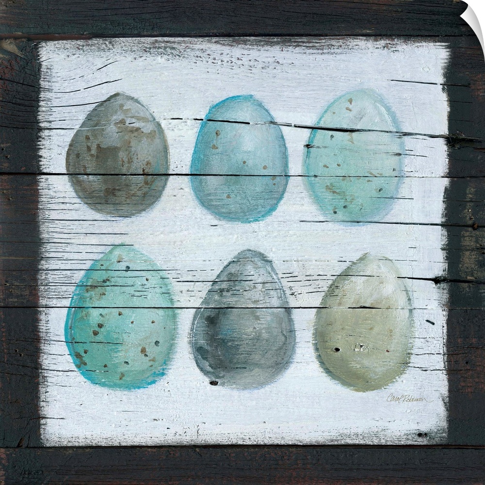 A wooden painting of six eggs using cool tones.