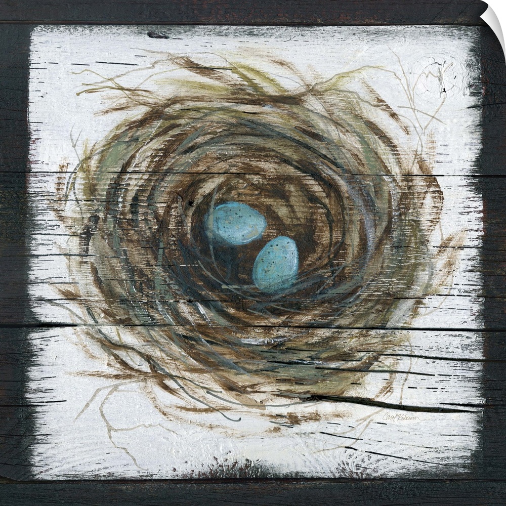 A wooden painting of a bird's nest with two eggs inside.