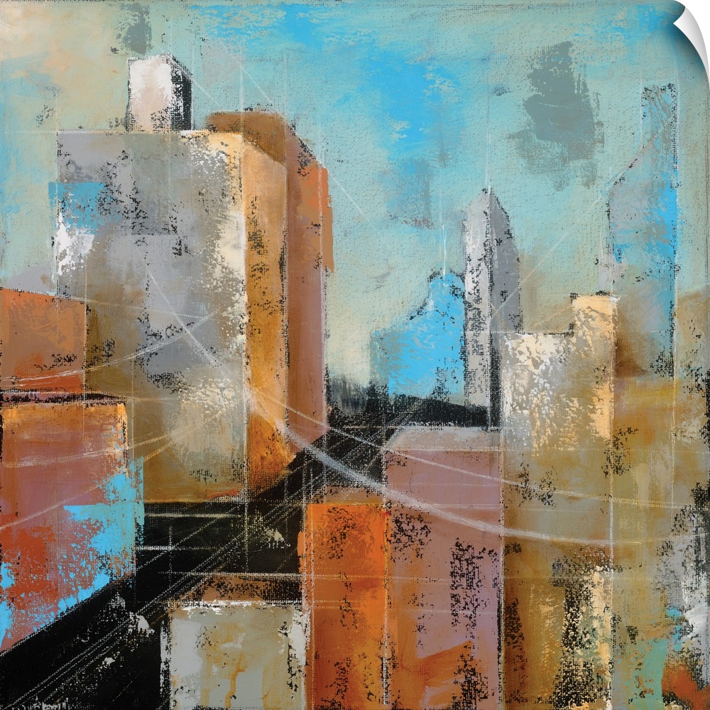 Square abstract painting of a streetscape using red, orange, yellow, and blue hues.