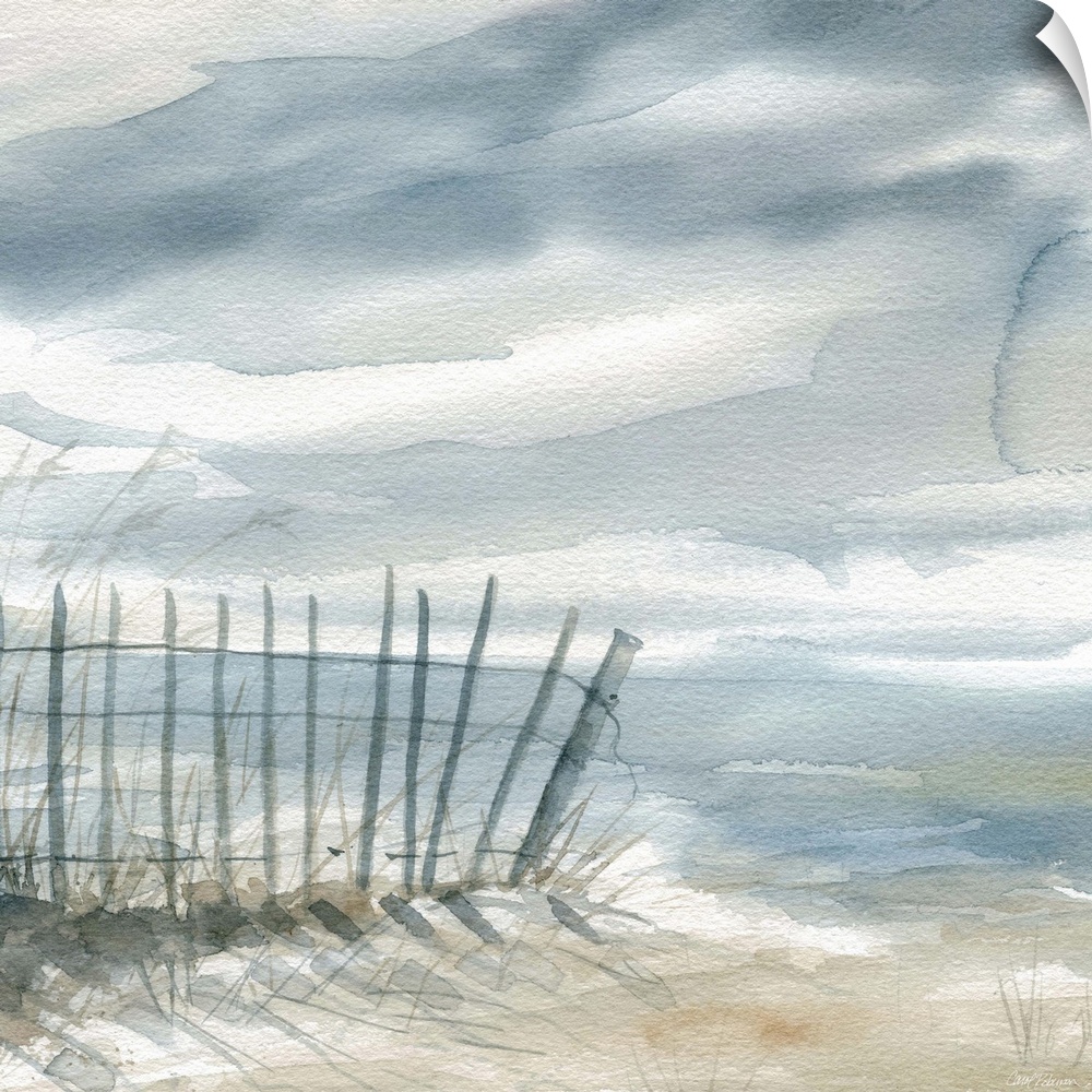 Square watercolor painting of a fence on the beach with the ocean in the background in shades of blue and beige.