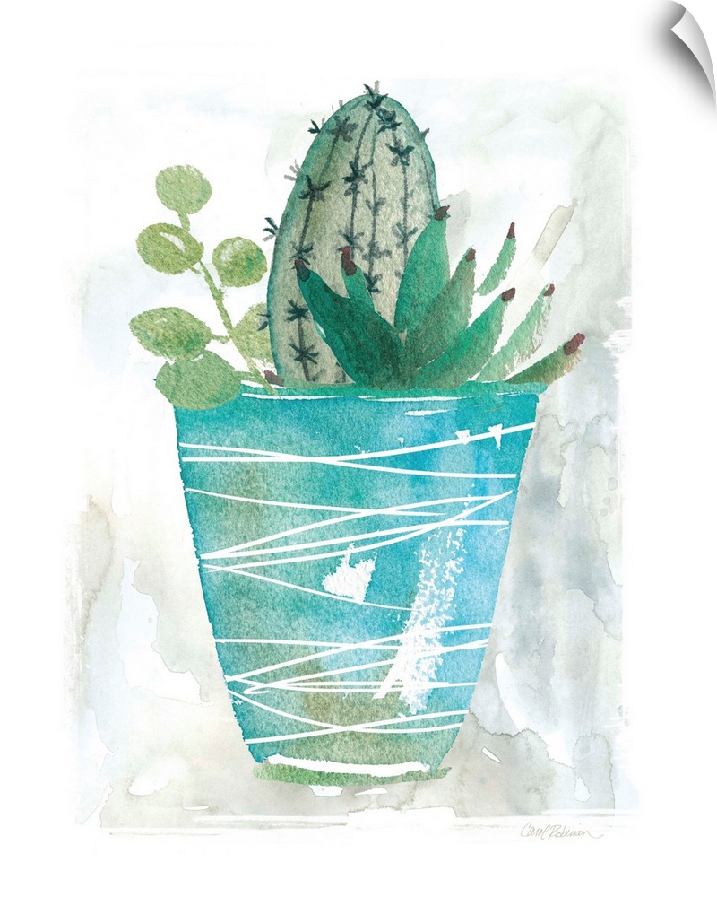 A watercolor painting of a cactus along with other succulents planted in a blue pot with white lined designs.