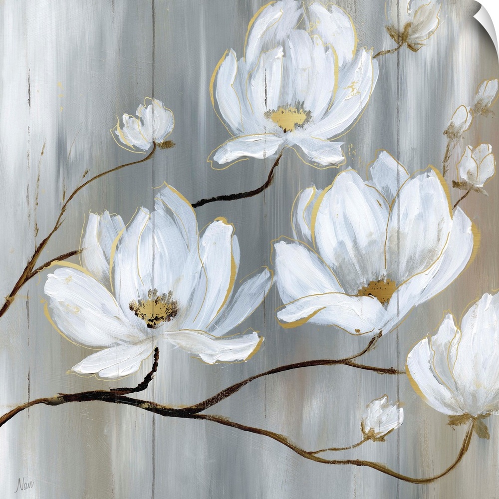 Contemporary painting of neutral colors with white flowers on a square backdrop resembling wood boards.