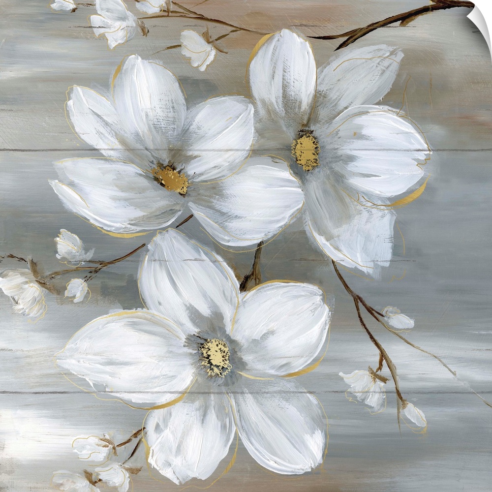 Contemporary painting of neutral colors with white flowers on a square backdrop resembling wood boards.