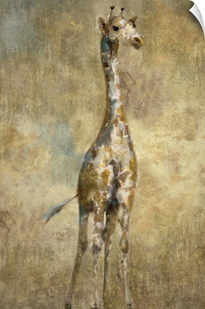 Large painting of a single giraffe in gold, brown, and white tones.