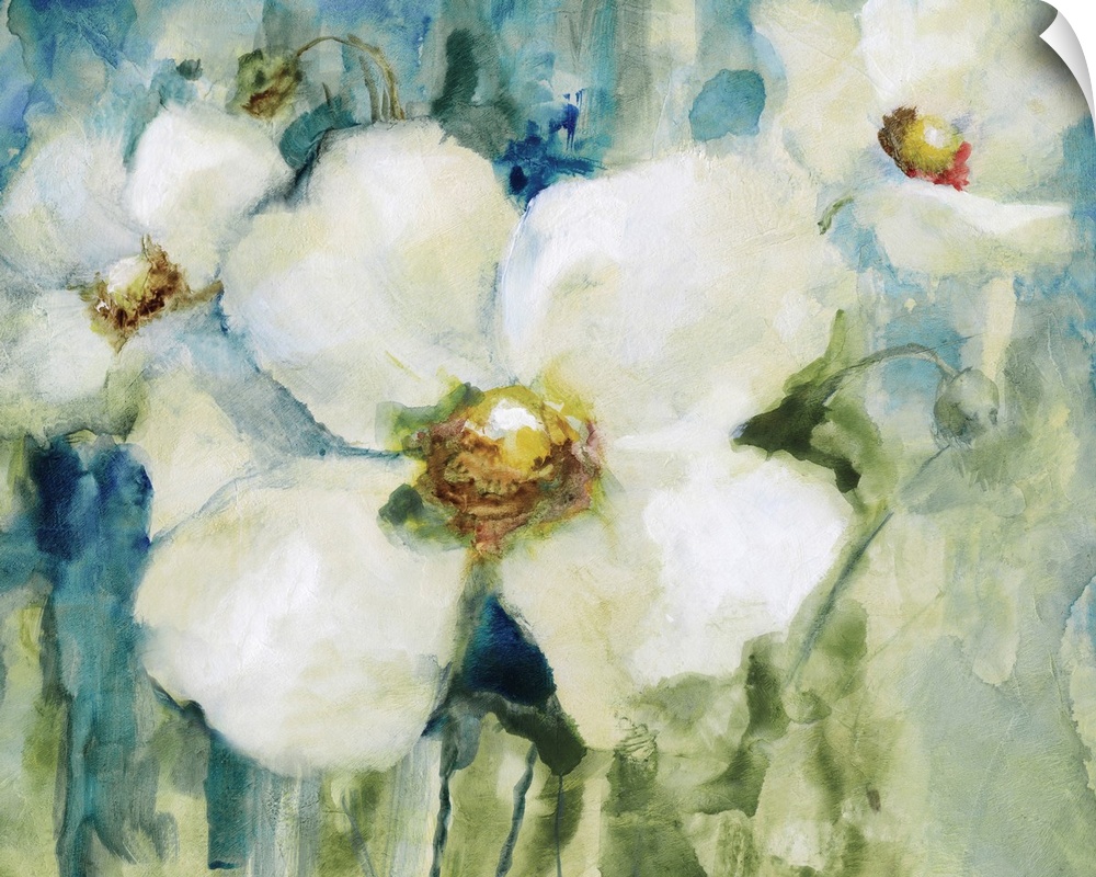 Contemporary painting of white flowers on an abstract blue and green background.