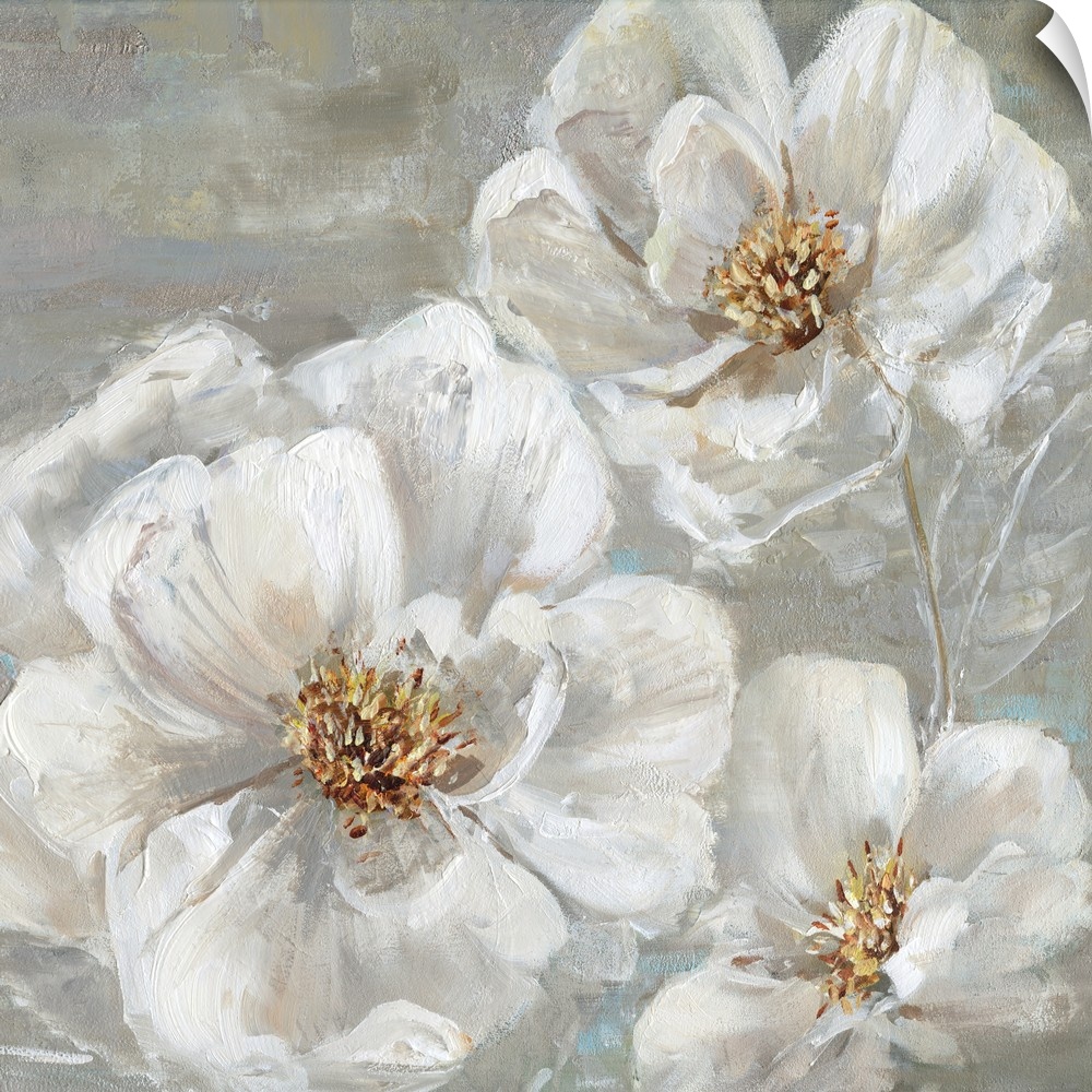 Square contemporary painting of three white flowers on a neutral colored background with light hints of blue.