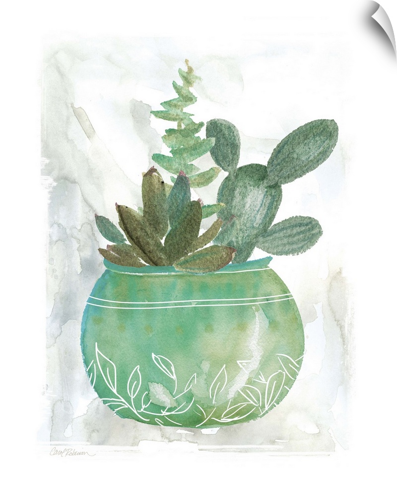A watercolor painting of a cactus along with other succulents planted in a green and blue pot with white leaf designs.