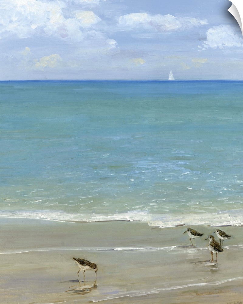 Contemporary painting of the seashore with seabirds in the foreground and a sailboat in the distance.