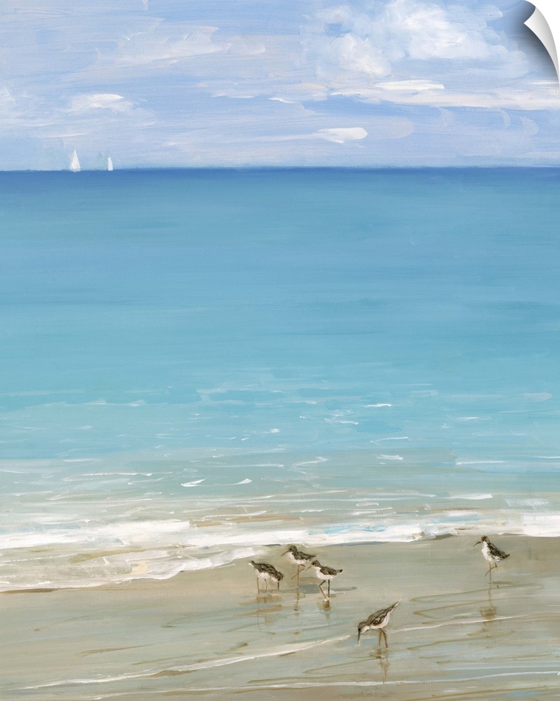 Contemporary painting of the seashore with seabirds in the foreground and two sailboats in the distance.