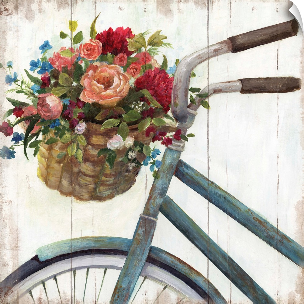 Square decor with a painted blue bicycle with a basket filled with freshly picked flowers, on a distressed faux wooden bac...