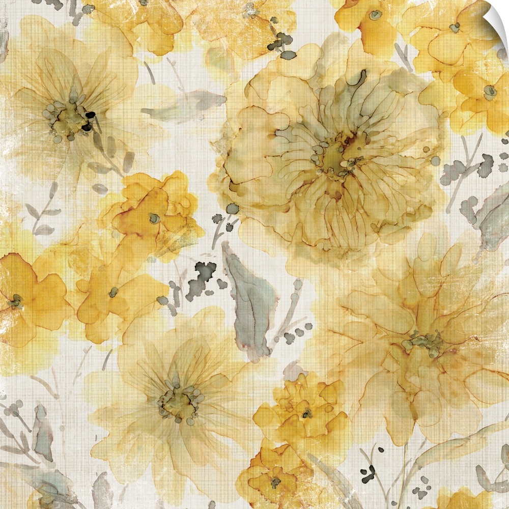 Yellow flowers with gray stems and leaves on a white background with a very thin checkered pattern.