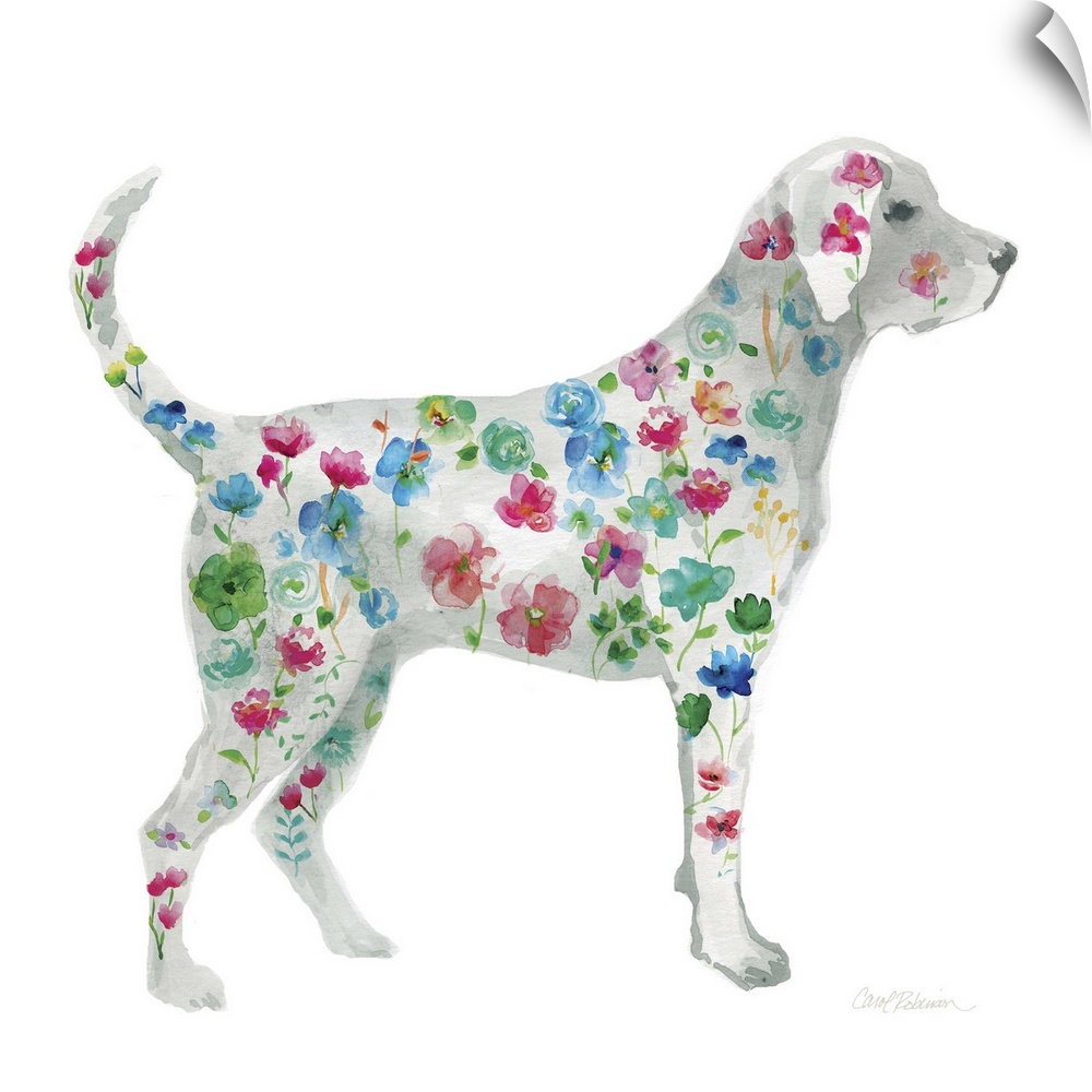 A watercolor painting of a Labrador with a bright and colorful floral pattern.
