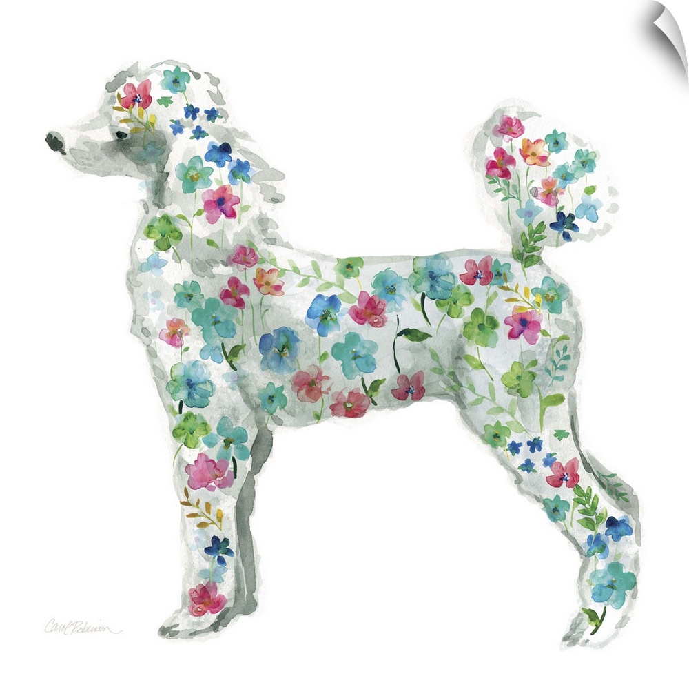 A watercolor painting of a Poodle with a bright and colorful floral pattern.