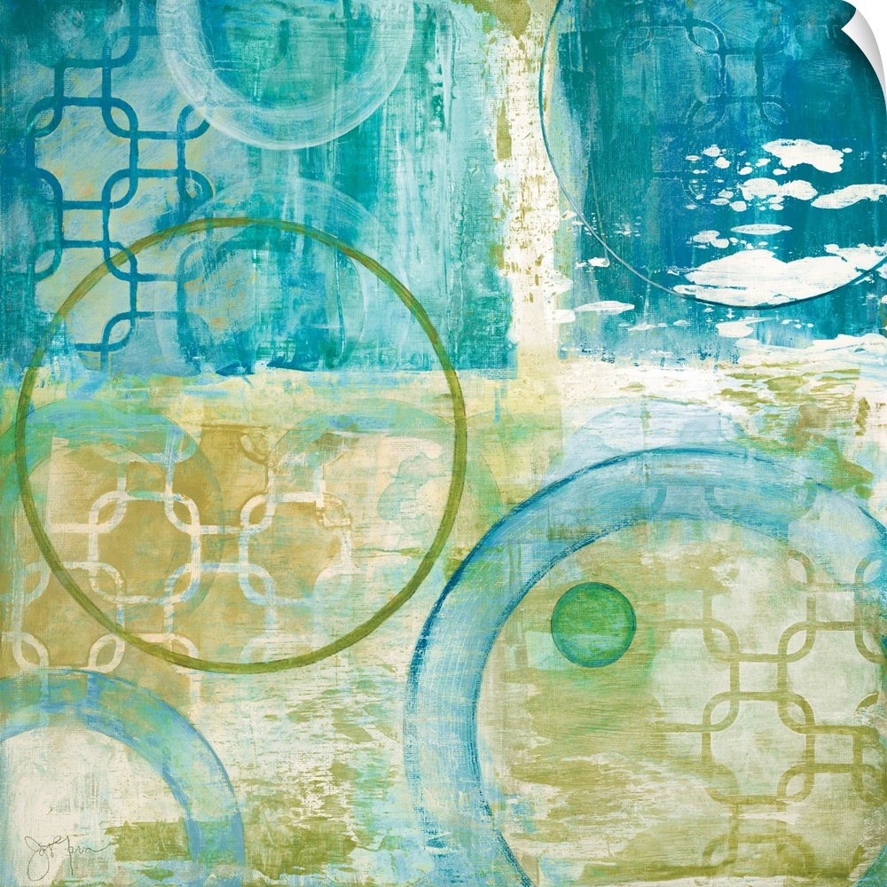 Square painting in teal, gold, green, and white with giant circles and various patterns throughout.