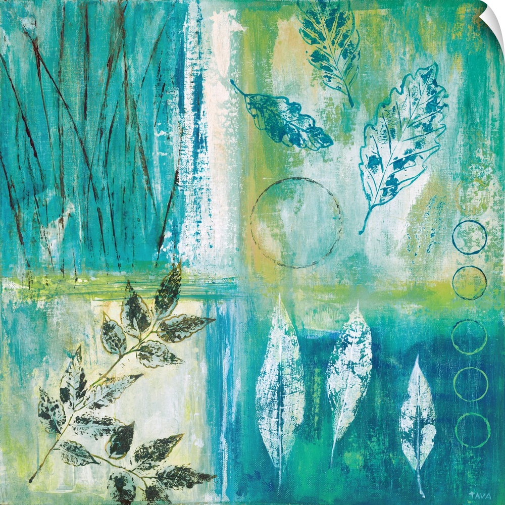 Square painting divided into four sections with different leaf prints in each, made with teal, green, and gold hues.