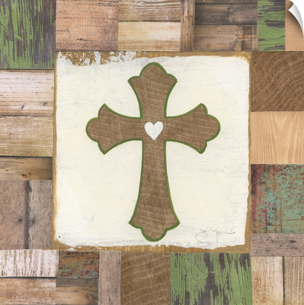 A decorative painting of a wooden cross outlined in green with a white heart in the middle painted on a multi-colored wood...