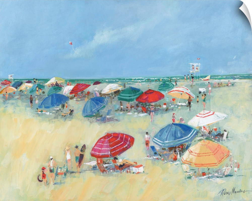 Contemporary painting of a busy beach filled with umbrellas and summer activities.