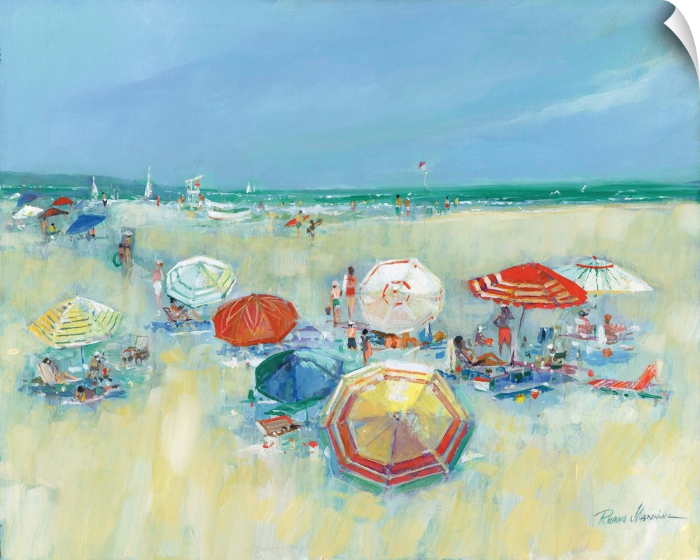 Contemporary painting of a busy beach filled with umbrellas and summer activities.
