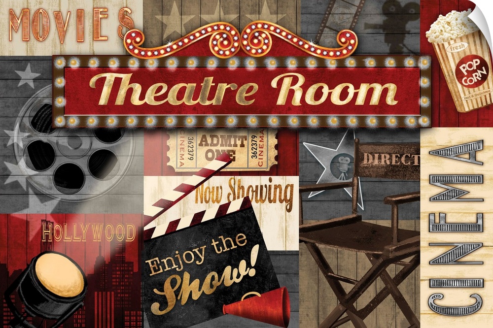 A collage of movie theater themed graphic elements featuring a director's clap board, film reel and other cinema themed it...