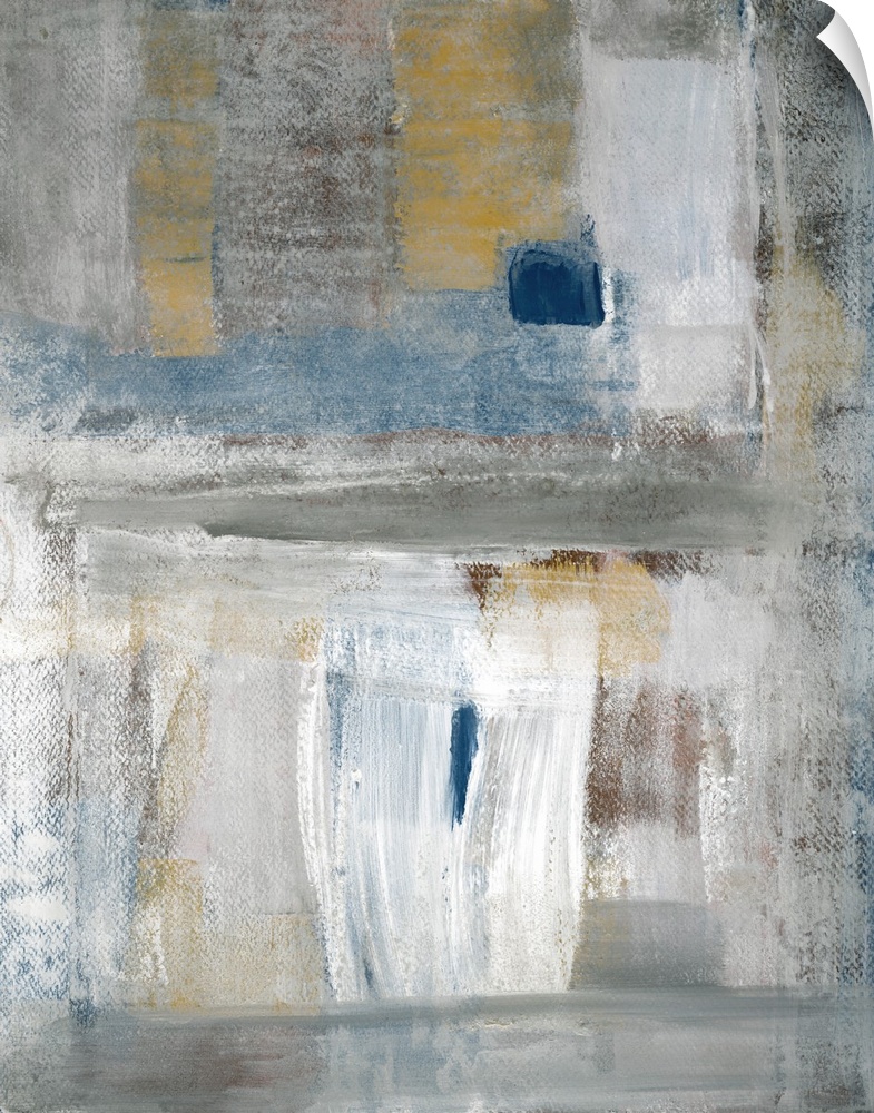 Abstract painting of perpendicular brush strokes in colors of blue, white and gray.