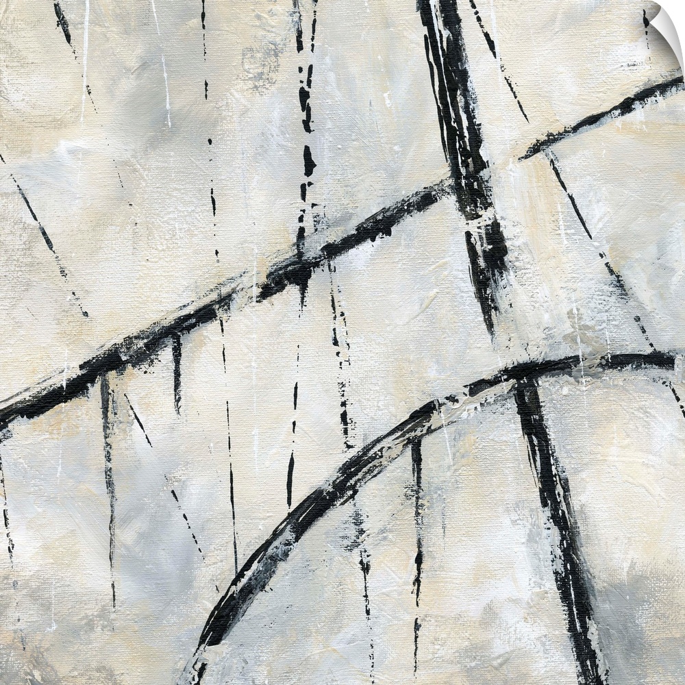 Square abstract painting with bold, black, dripping lines mixed with thin black lines on a white, tan, and gray background.