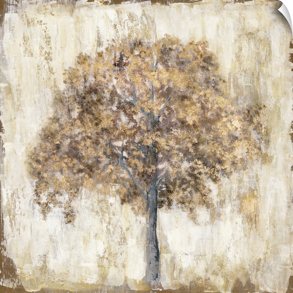 Metallic gold and brown tree on a rustic cream background.