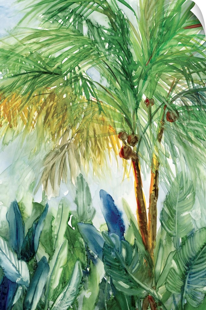 Vertical watercolor painting of a coconut tree surrounded by palm leaves.