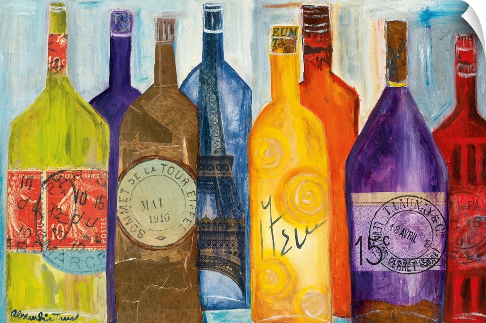 Horizontal painting of colorful wine bottles all sitting around each other with various stamps.