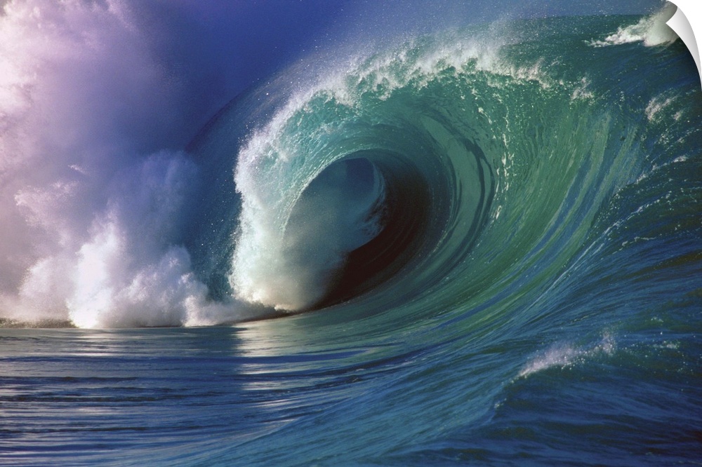 A photograph of a big wave with blue, green, and magenta hues.