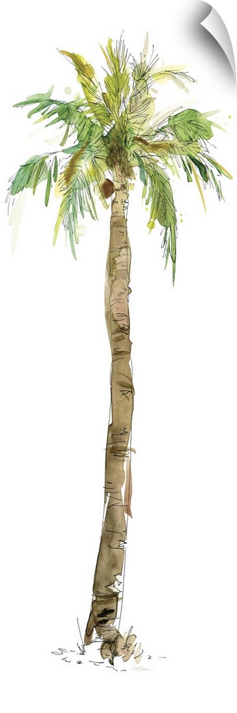 Tall watercolor painting of a palm tree on a solid white background.
