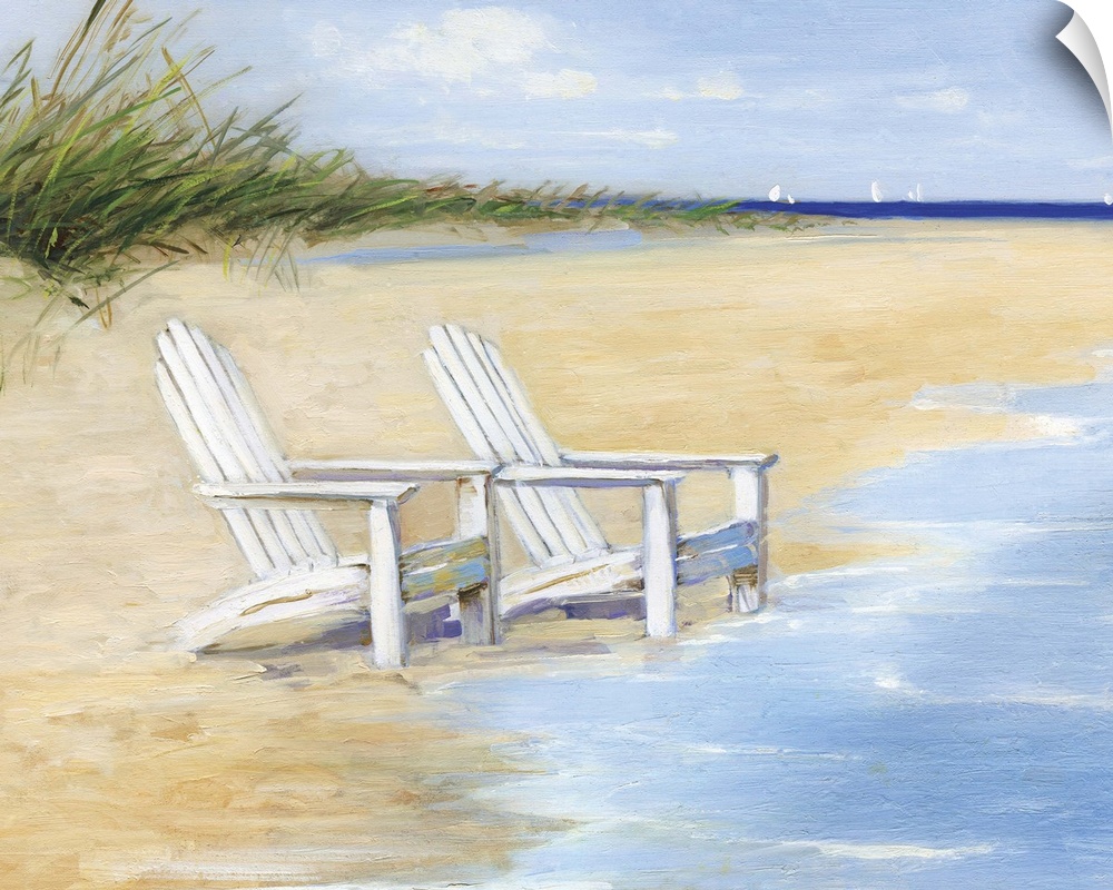 Contemporary painting of two white chairs on a sandy beach with the tide coming in.