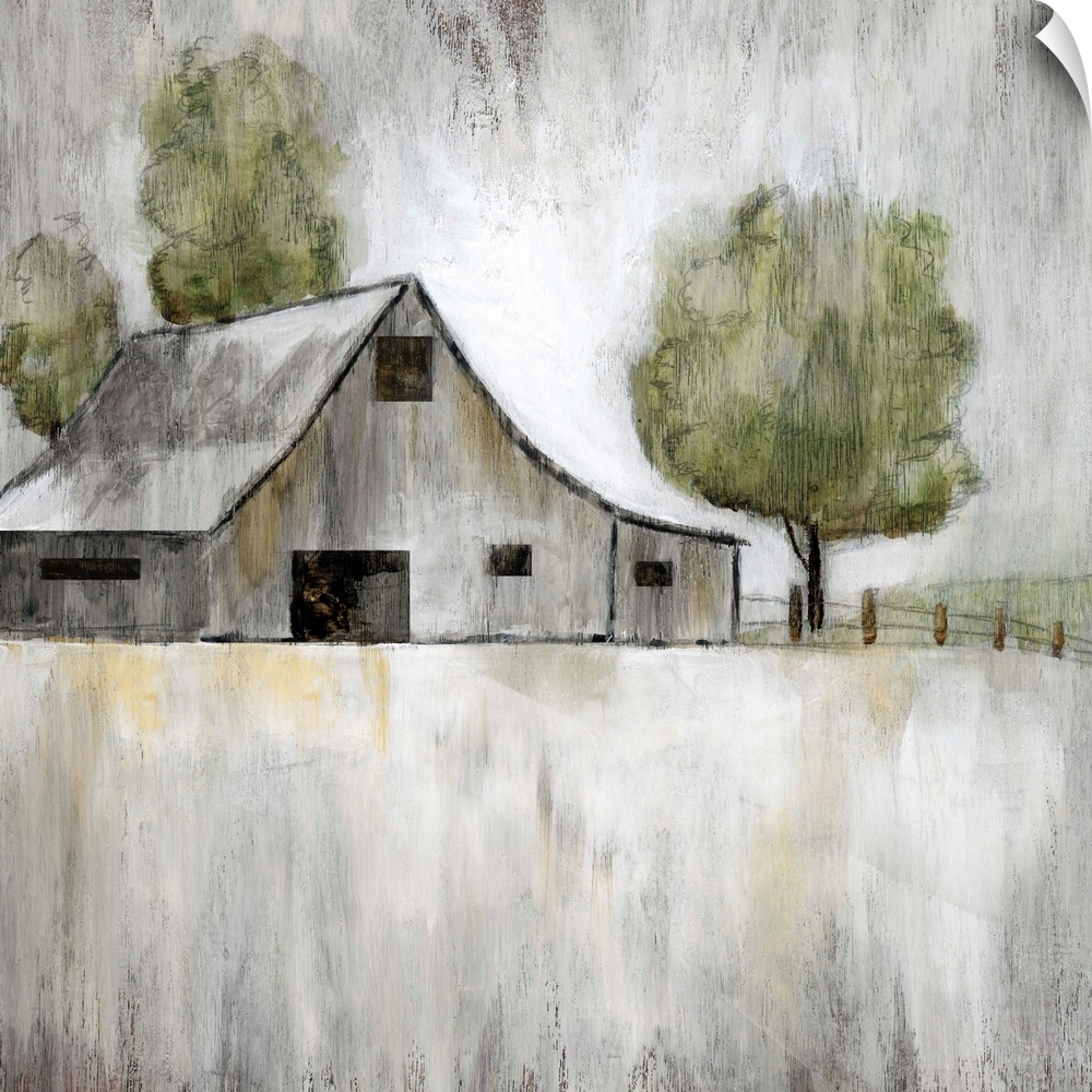 Illustration of an old grey barn with a few trees on a grey landscape.