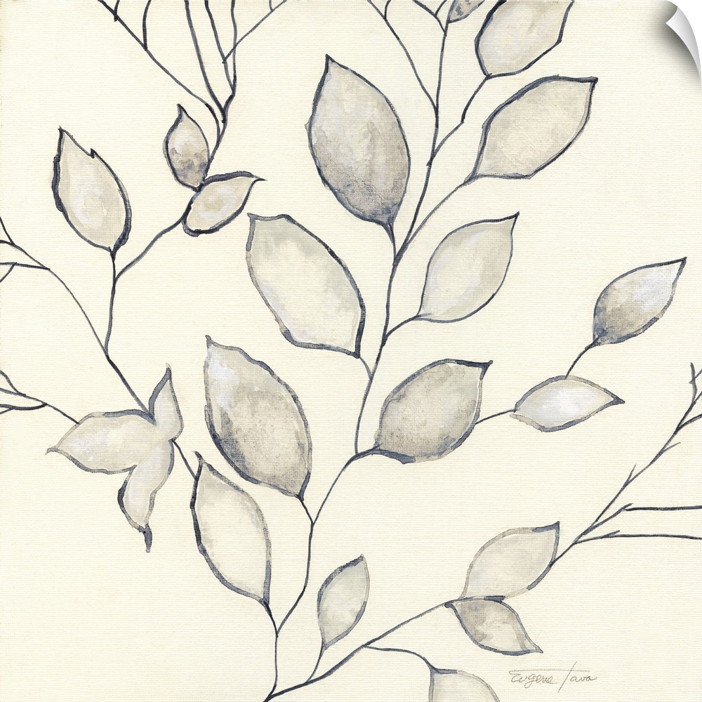 Square painting of leaves with thin branches in shades of white and grey.