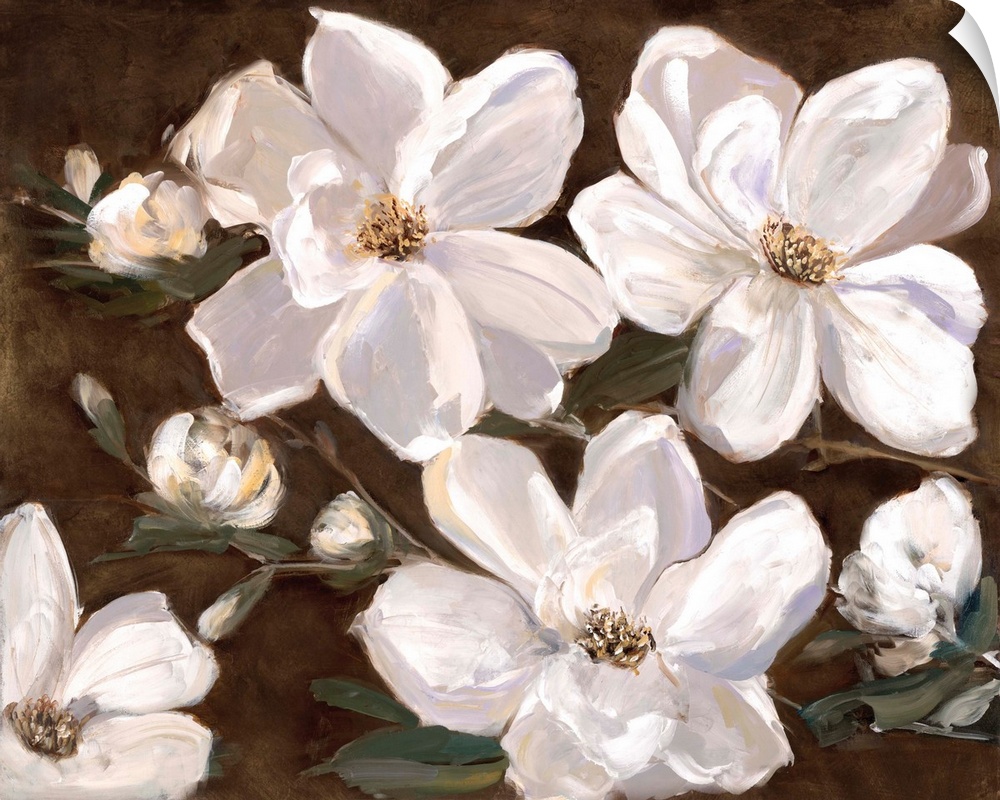 Contemporary painting of large white flowers with broad petals on a rich brown background.